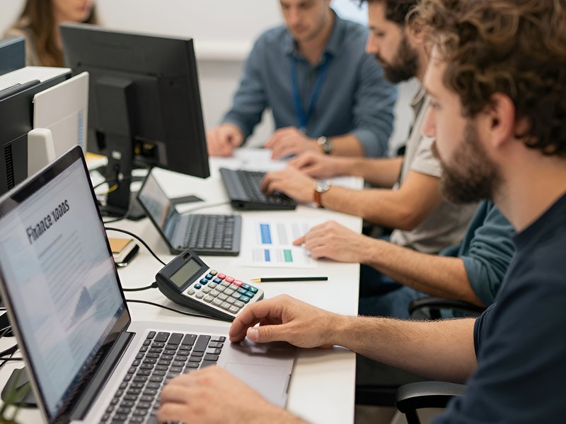 Команда экспертов Pricup обсуждает расчеты по кредитам в офисе при работе над финансовым проектом